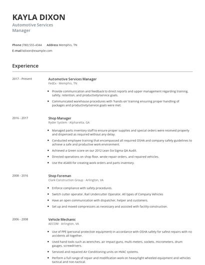 Automotive Services Manager Resume