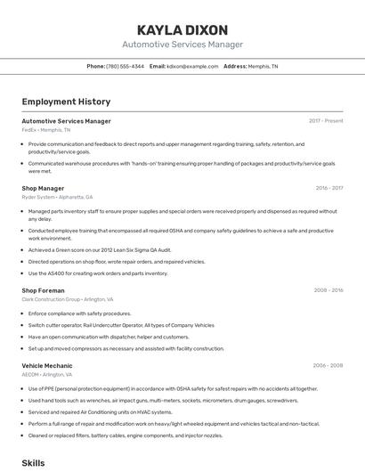 Automotive Services Manager Resume