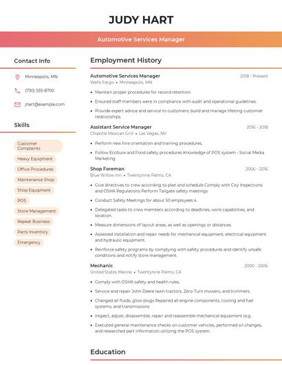 Automotive Services Manager Resume