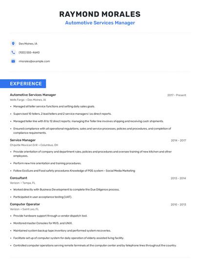 Automotive Services Manager Resume