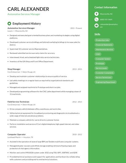 Automotive Services Manager Resume