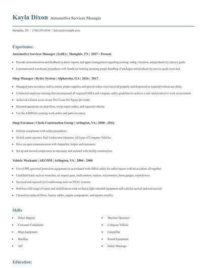 Automotive Services Manager Resume