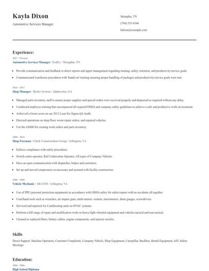 Automotive Services Manager Resume