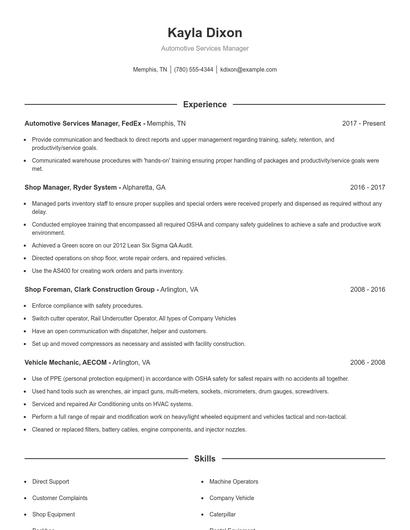 Automotive Services Manager Resume
