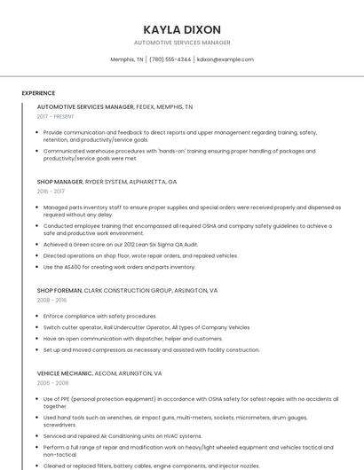 Automotive Services Manager Resume