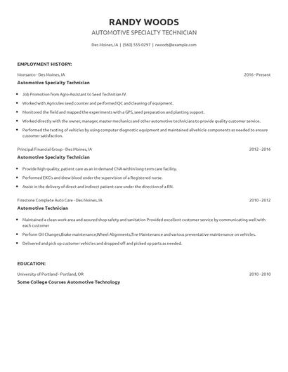 Automotive Specialty Technician Resume