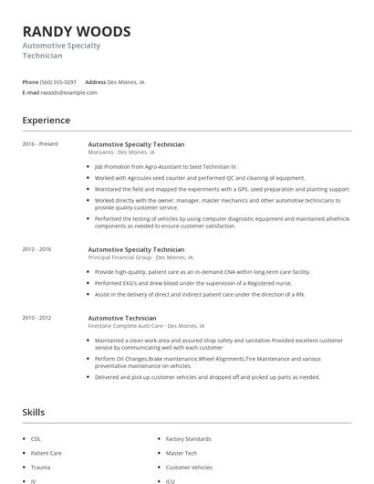 Automotive Specialty Technician Resume