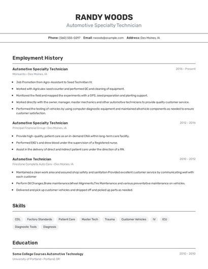 Automotive Specialty Technician Resume
