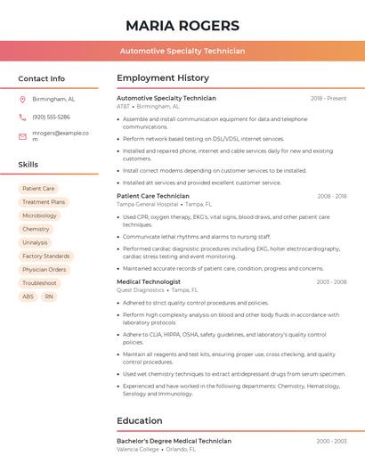 Automotive Specialty Technician Resume