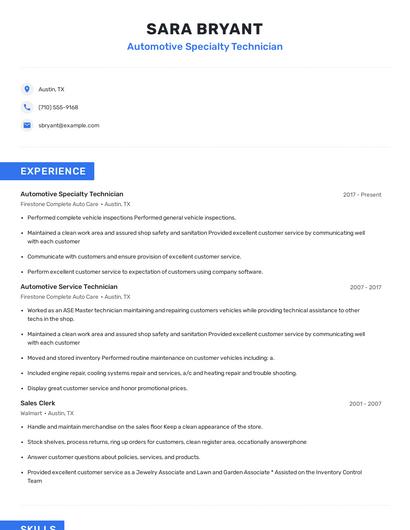 Automotive Specialty Technician Resume