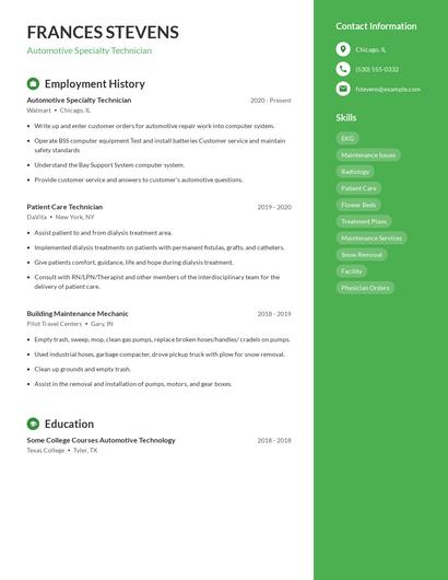 Automotive Specialty Technician Resume