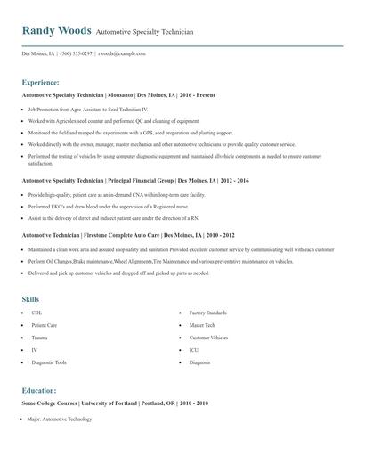 Automotive Specialty Technician Resume