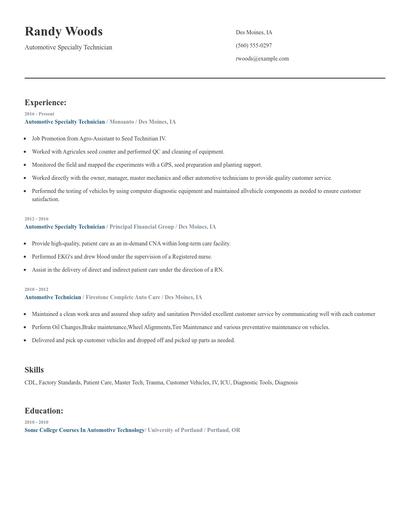 Automotive Specialty Technician Resume