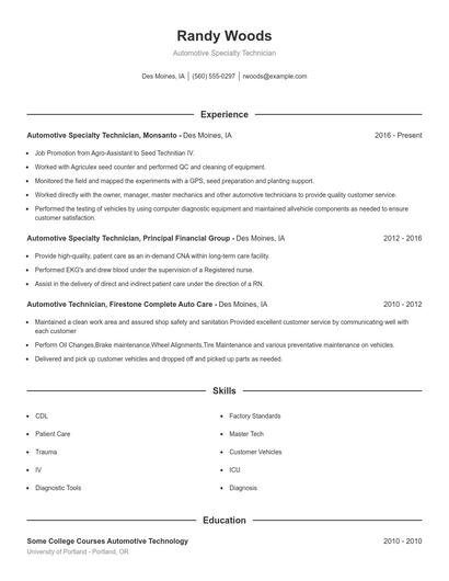 Automotive Specialty Technician Resume