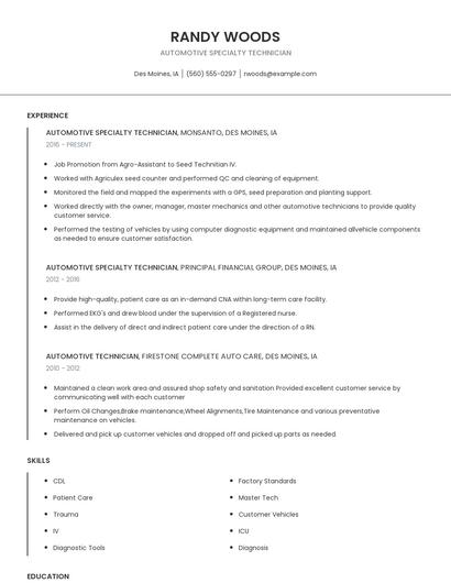 Automotive Specialty Technician Resume
