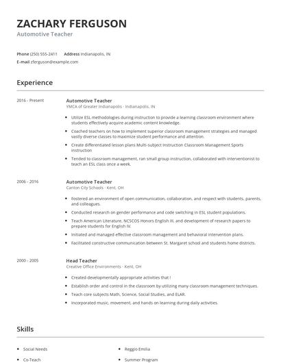 Automotive Teacher Resume