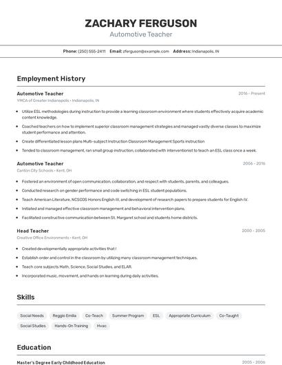 Automotive Teacher Resume