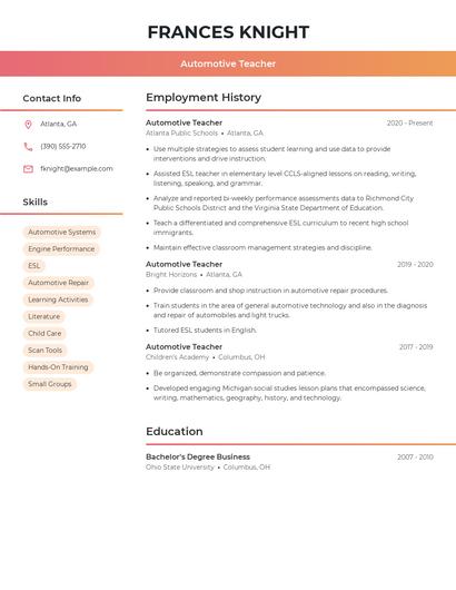 Automotive Teacher Resume