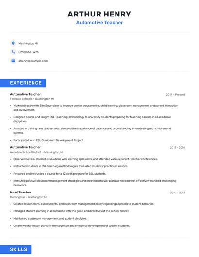 Automotive Teacher Resume