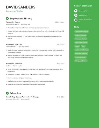 Automotive Teacher Resume
