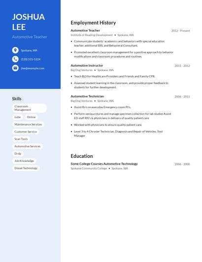 Automotive Teacher Resume