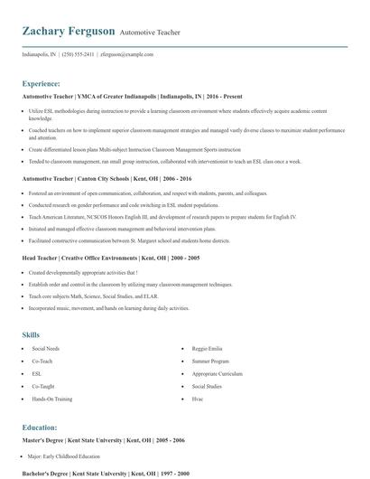 Automotive Teacher Resume
