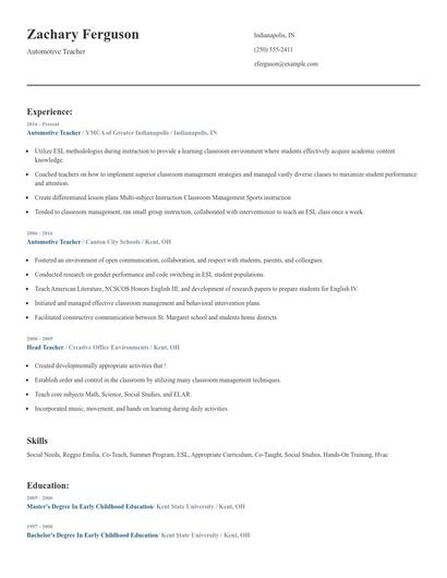 Automotive Teacher Resume