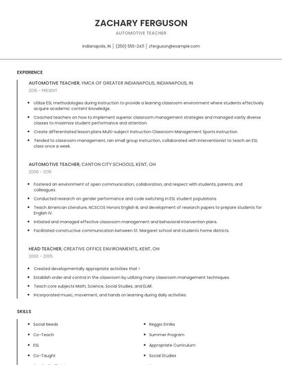 Automotive Teacher Resume