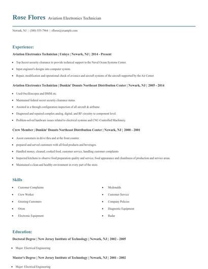 Aviation Electronics Technician Resume