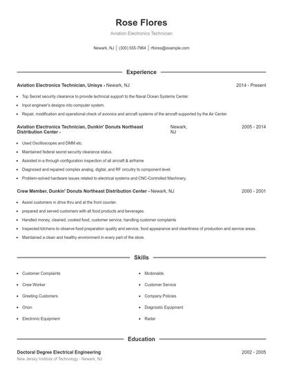 Aviation Electronics Technician Resume