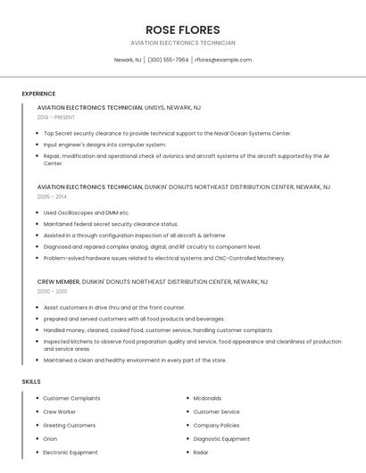 Aviation Electronics Technician Resume