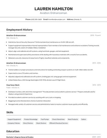 Aviation Ordnanceman Resume