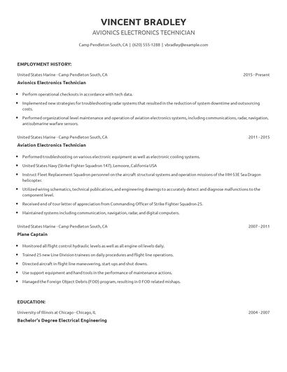 Avionics Electronics Technician Resume