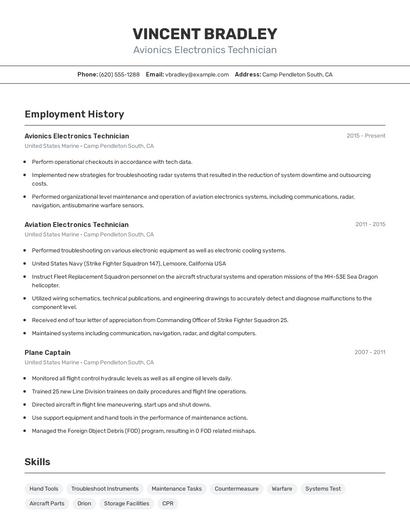 Avionics Electronics Technician Resume