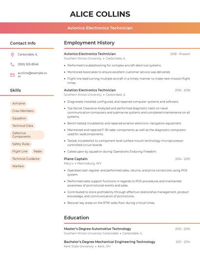 Avionics Electronics Technician Resume