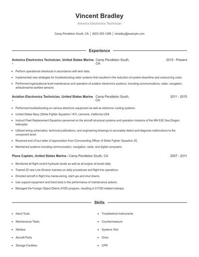 Avionics Electronics Technician Resume