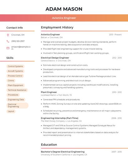 Avionics Engineer Resume