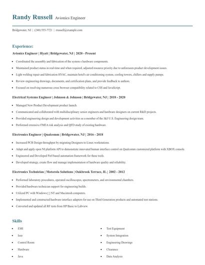 Avionics Engineer Resume