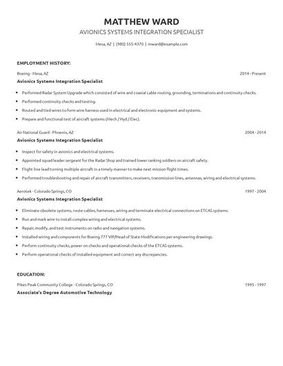 Avionics Systems Integration Specialist Resume