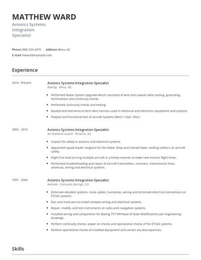 Avionics Systems Integration Specialist Resume