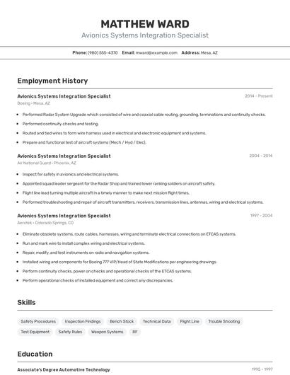 Avionics Systems Integration Specialist Resume