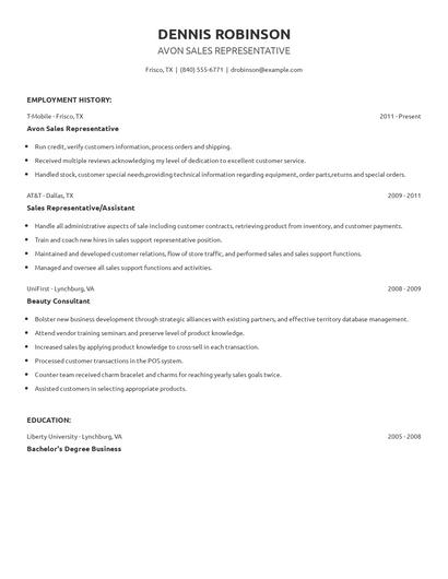 Avon Sales Representative Resume