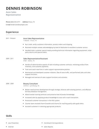 Avon Sales Representative Resume