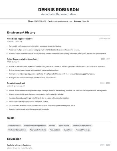 Avon Sales Representative Resume