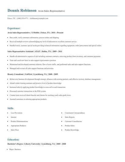 Avon Sales Representative Resume