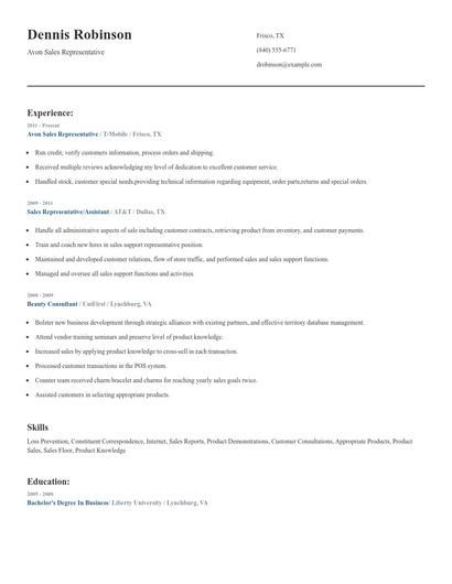 Avon Sales Representative Resume
