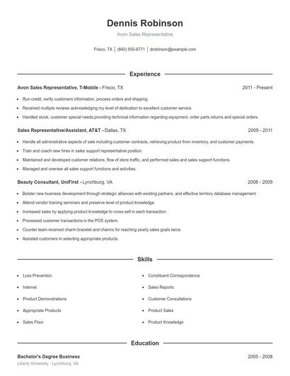 Avon Sales Representative Resume