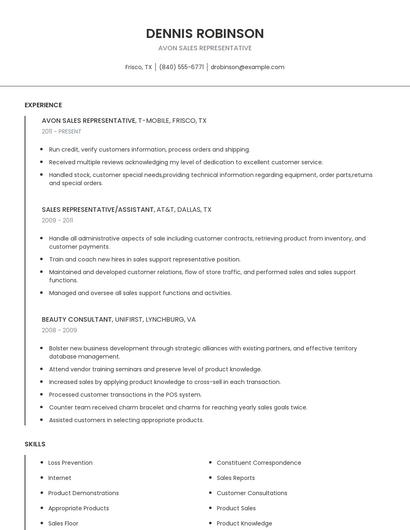 Avon Sales Representative Resume