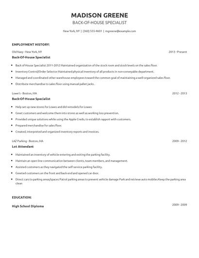 Back-Of-House Specialist Resume