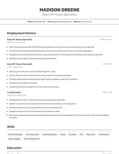 Back-Of-House Specialist Resume